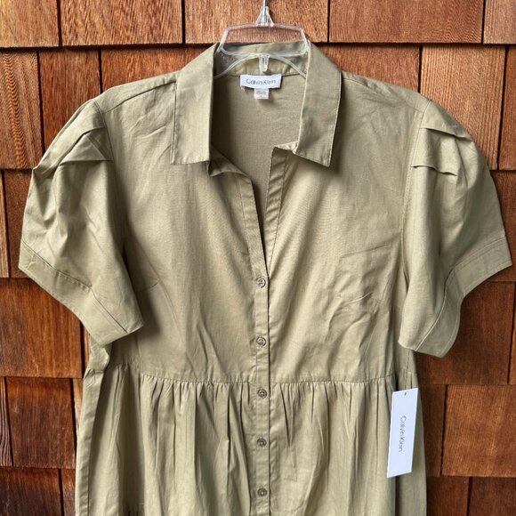 NWT Calvin Klein Olive Cotton Short Sleeve Button Front Shirtdress in Women's 14 - Picture 4 of 11